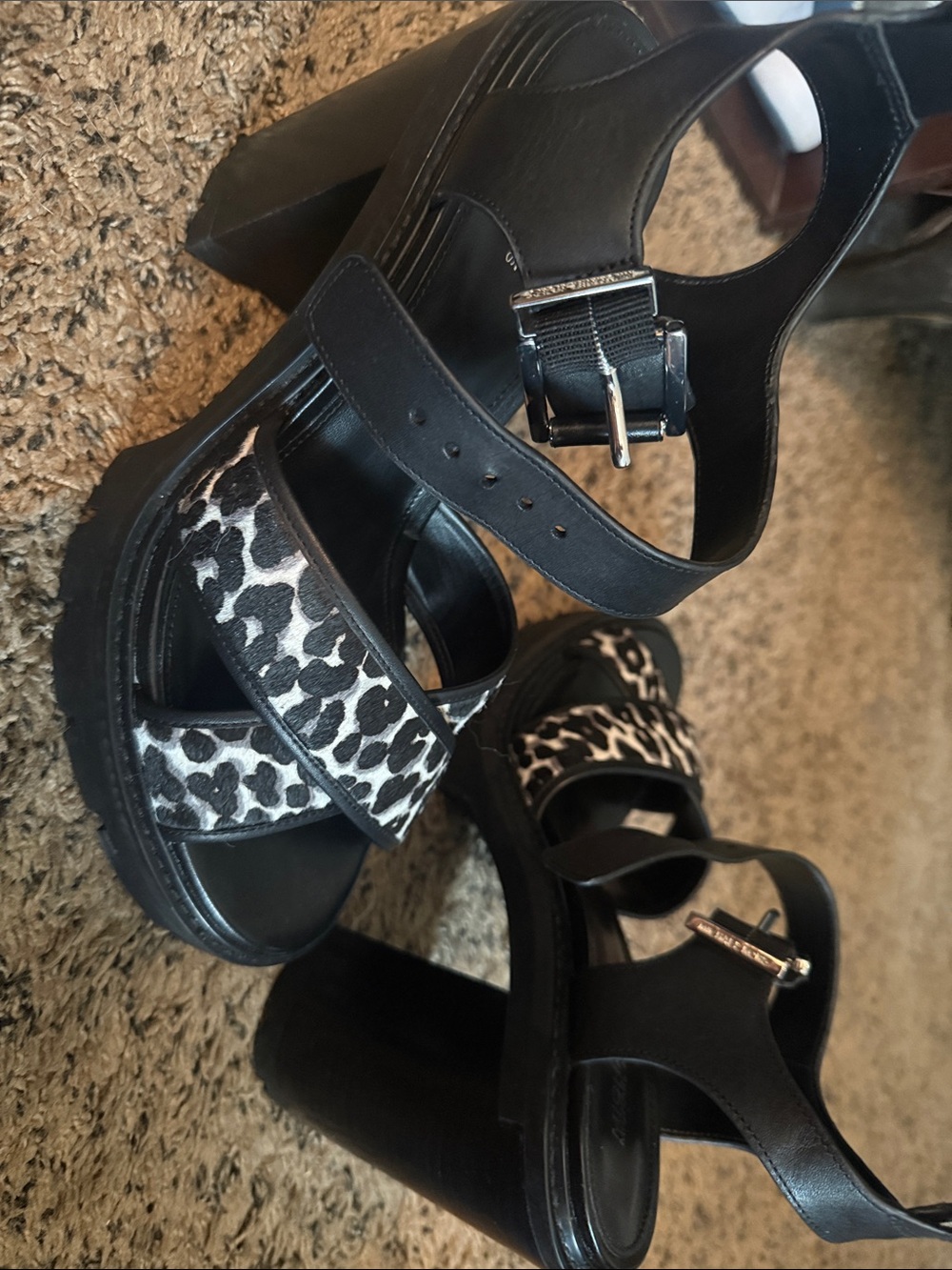 MICHAEL Michael Kors Black Platform Sandals with Leopard Straps